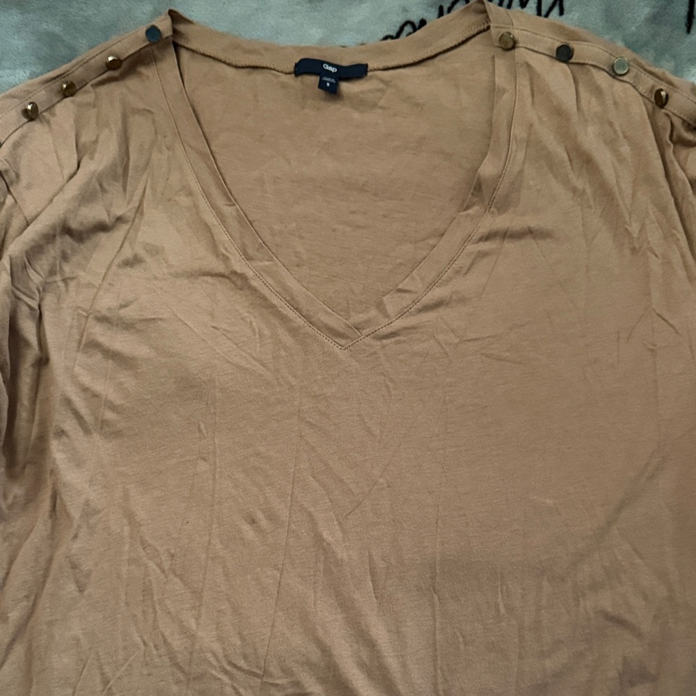 GAP Tan V-Neck Blouse with Button Detail